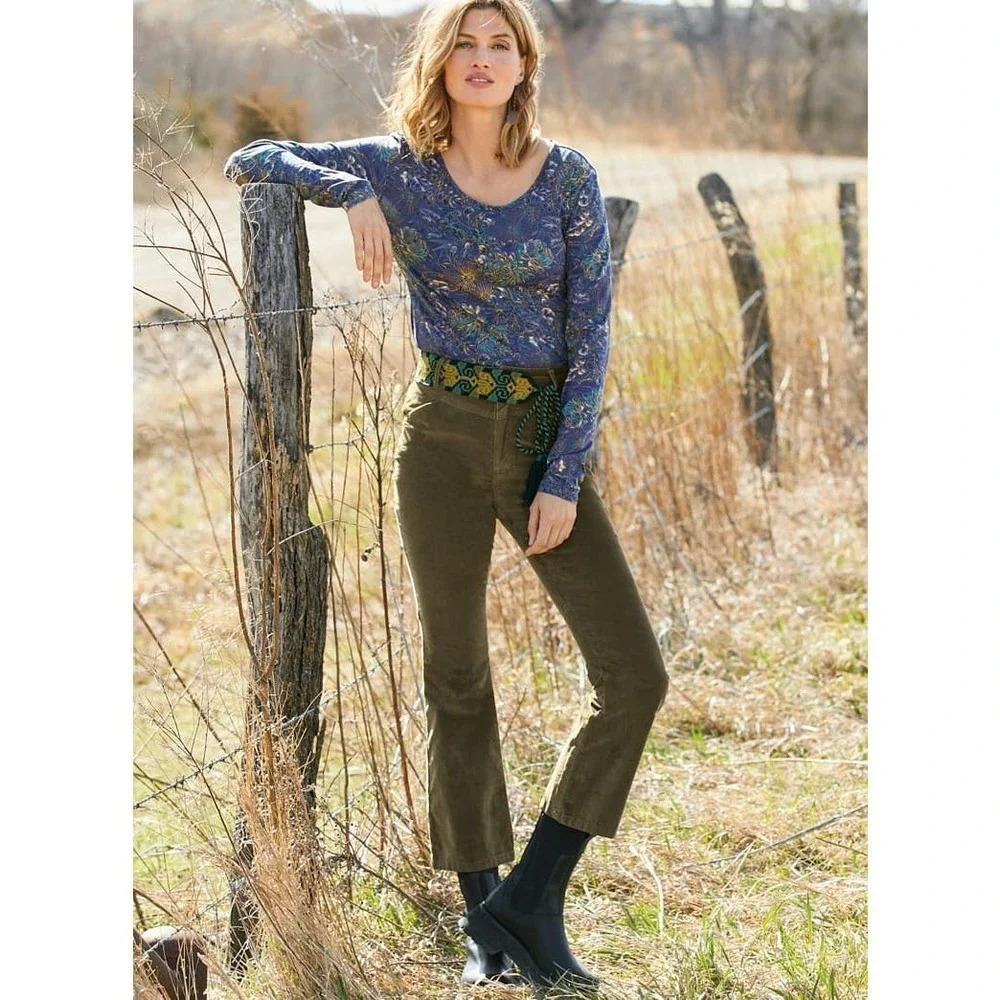Peruvian Connection Women's Velveteen Cropped Legs Jeans 6 Green Cotton Crop